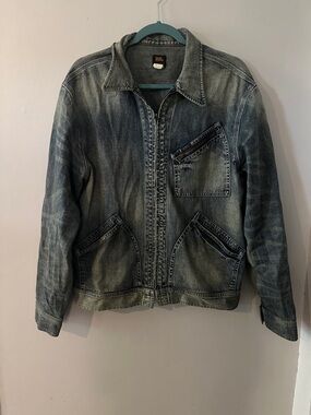 Ralph Lauren Double RL Distressed Light Blue Denim Zip Jacket